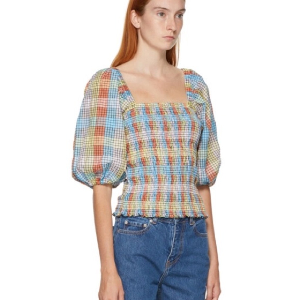 Ganni Colorful Checkered Puff Sleeve Blouse